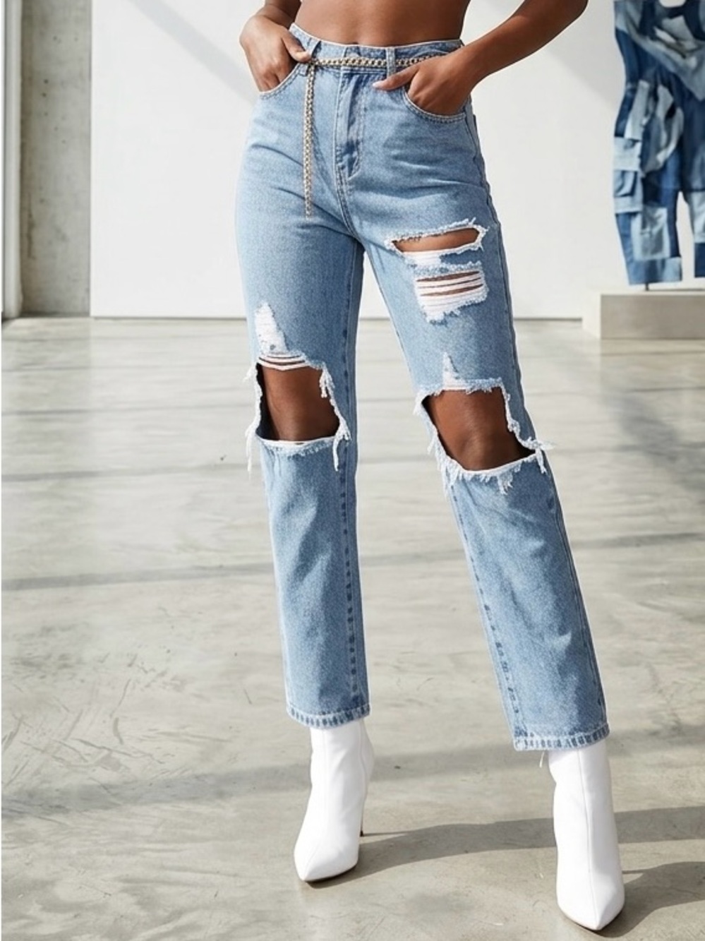 PrettyLittleThing Distressed High Rise Straight Leg Jeans - Sz 6- Mid Wash